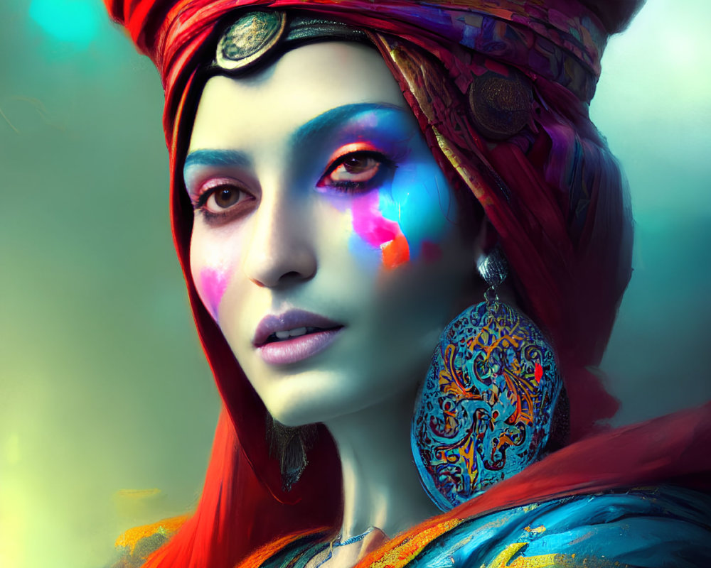 Vibrant digital portrait of a woman with blue eyes and colorful face paint