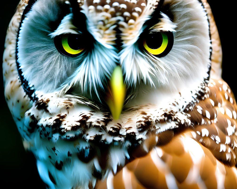 Detailed Close-Up of Owl with Yellow Eyes and Speckled Feathers