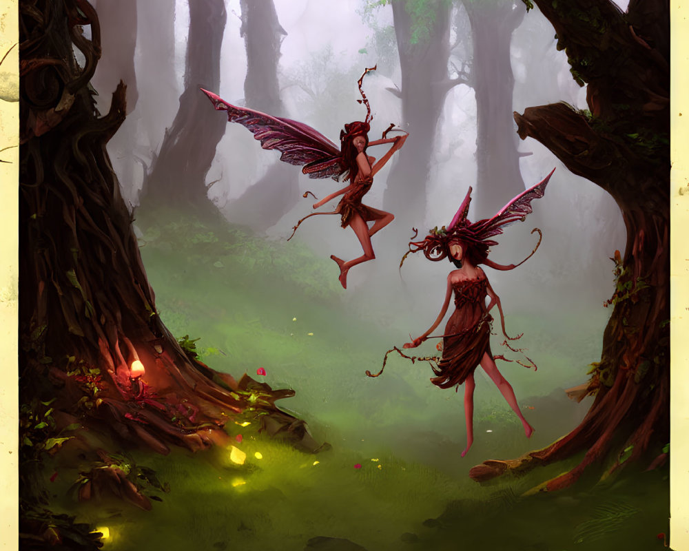 Whimsical fairies dancing in misty forest with intricate wings