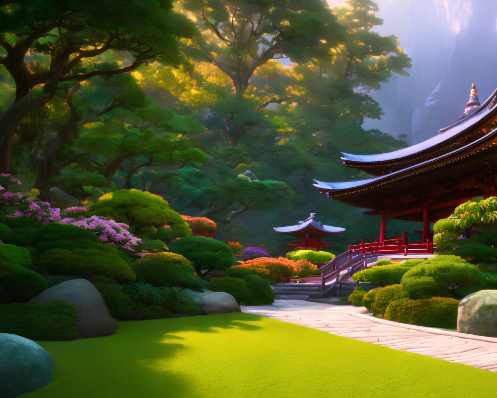 Tranquil Japanese garden with red pagoda, stone path, and lush greenery