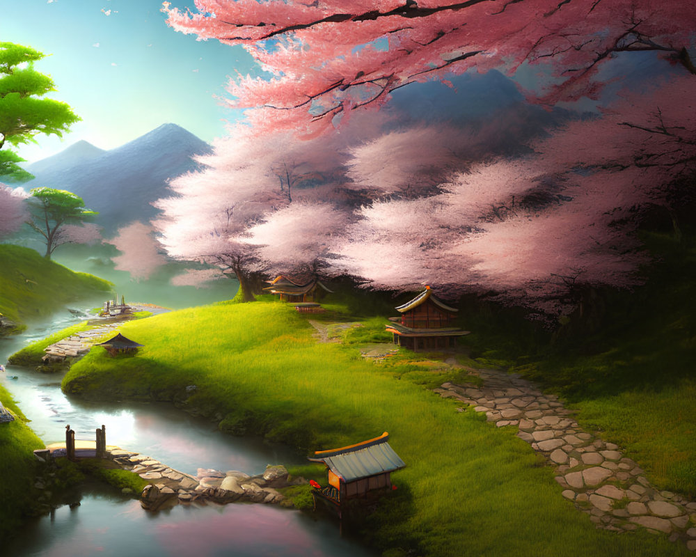 Tranquil landscape with cherry blossoms, stream, traditional houses, and mountains