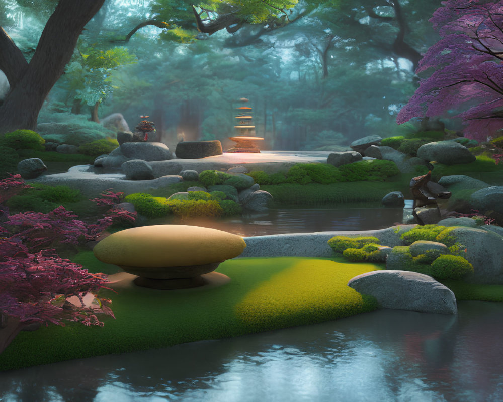 Tranquil Japanese Garden with Stone Path and Pond