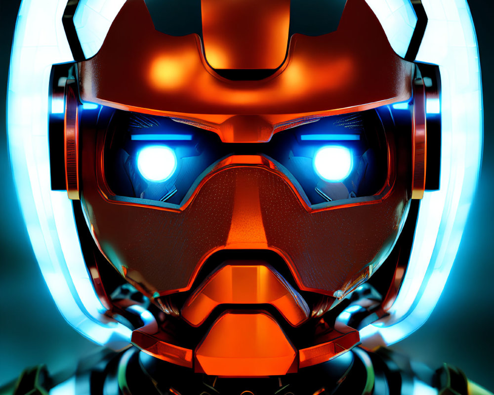 Futuristic helmet with glowing blue eyes and circular backdrop