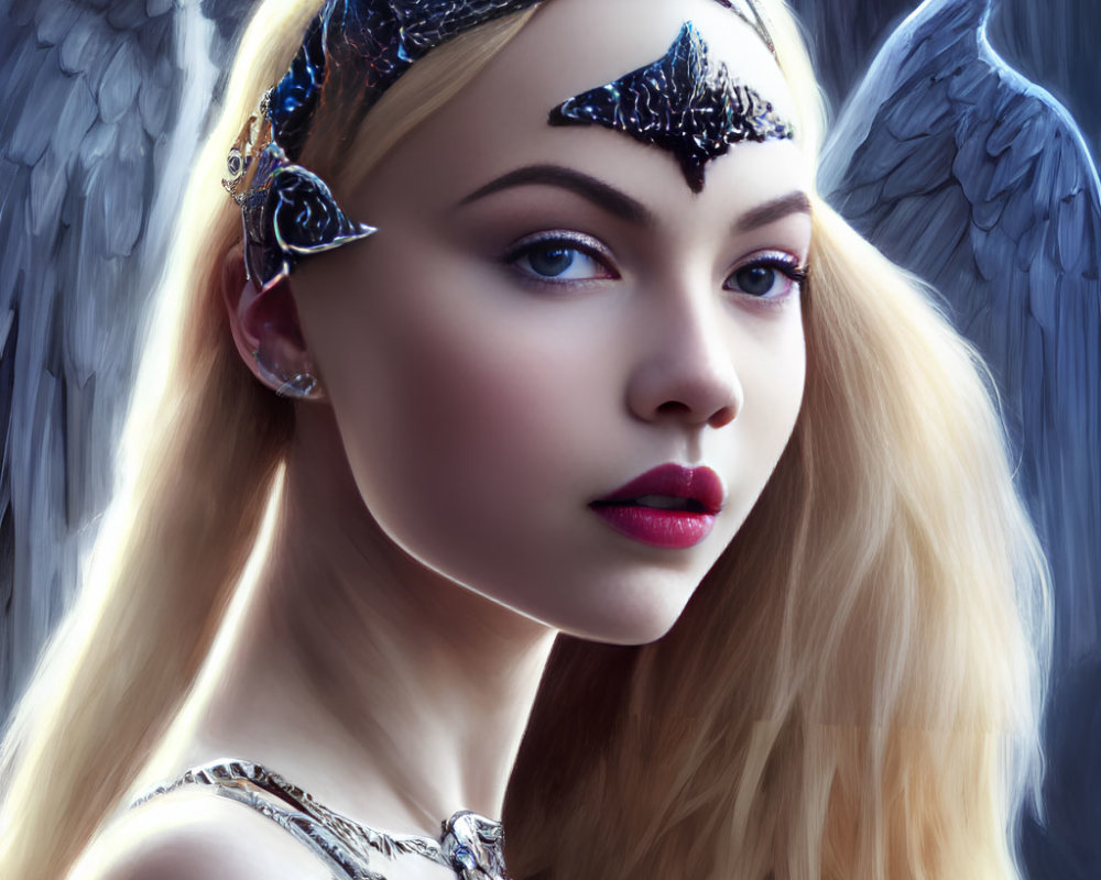 Blonde woman with blue eyes wearing metallic crown and winged headpiece
