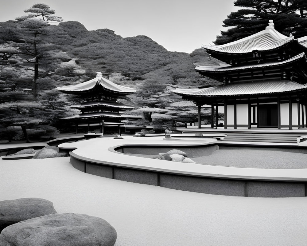 Japanese Zen Garden with Raked Sand, Rocks, and Pagodas