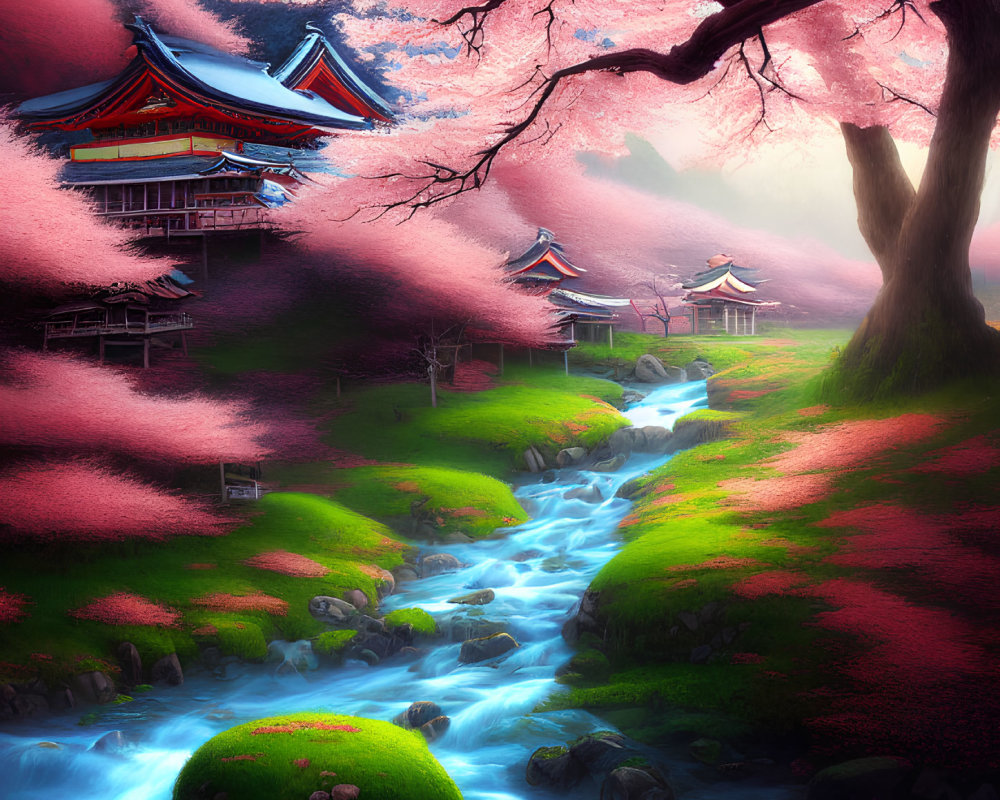 Tranquil landscape with pagodas, stream, cherry blossoms, and mossy rocks