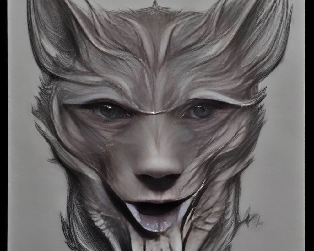 Monochromatic digital artwork: humanoid with wolf-like facial features