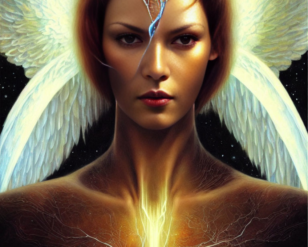 Female figure with white angelic wings and glowing light on dark cosmic background