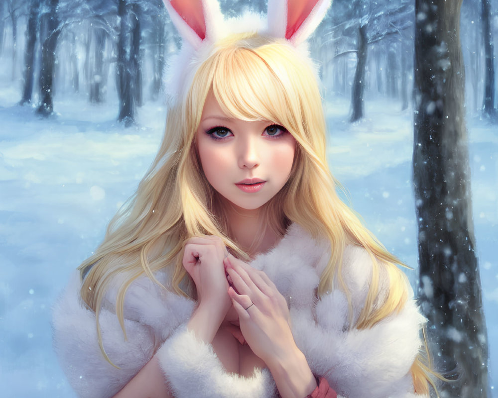 Blond person in bunny ears with white fur coat in snowy forest