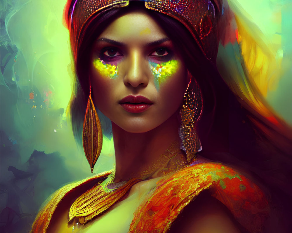 Woman with Yellow Eyes and Tribal Face Paint in Digital Portrait