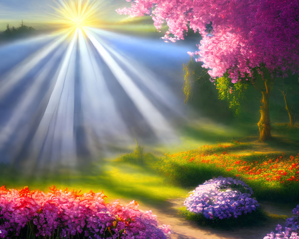 Colorful flowers and cherry blossom tree in sunlit landscape