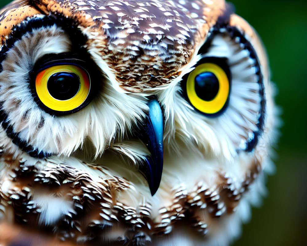 Detailed Close-up of Owl with Striking Yellow Eyes and Brown & White Feathers