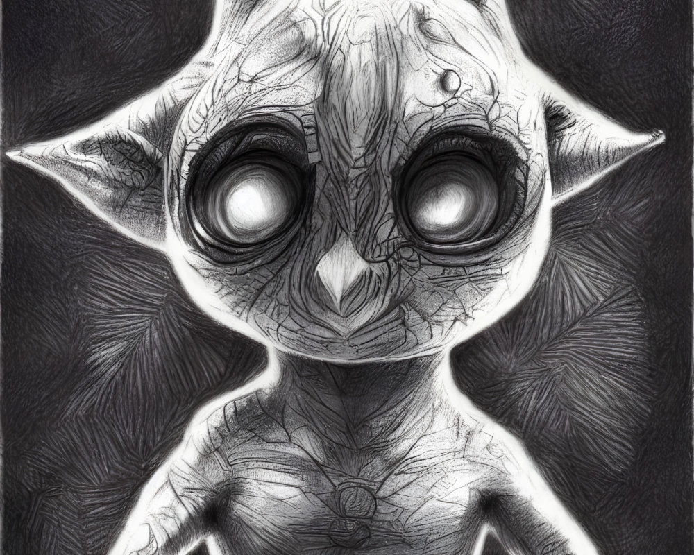 Monochromatic sketch of stylized alien creature with large eyes