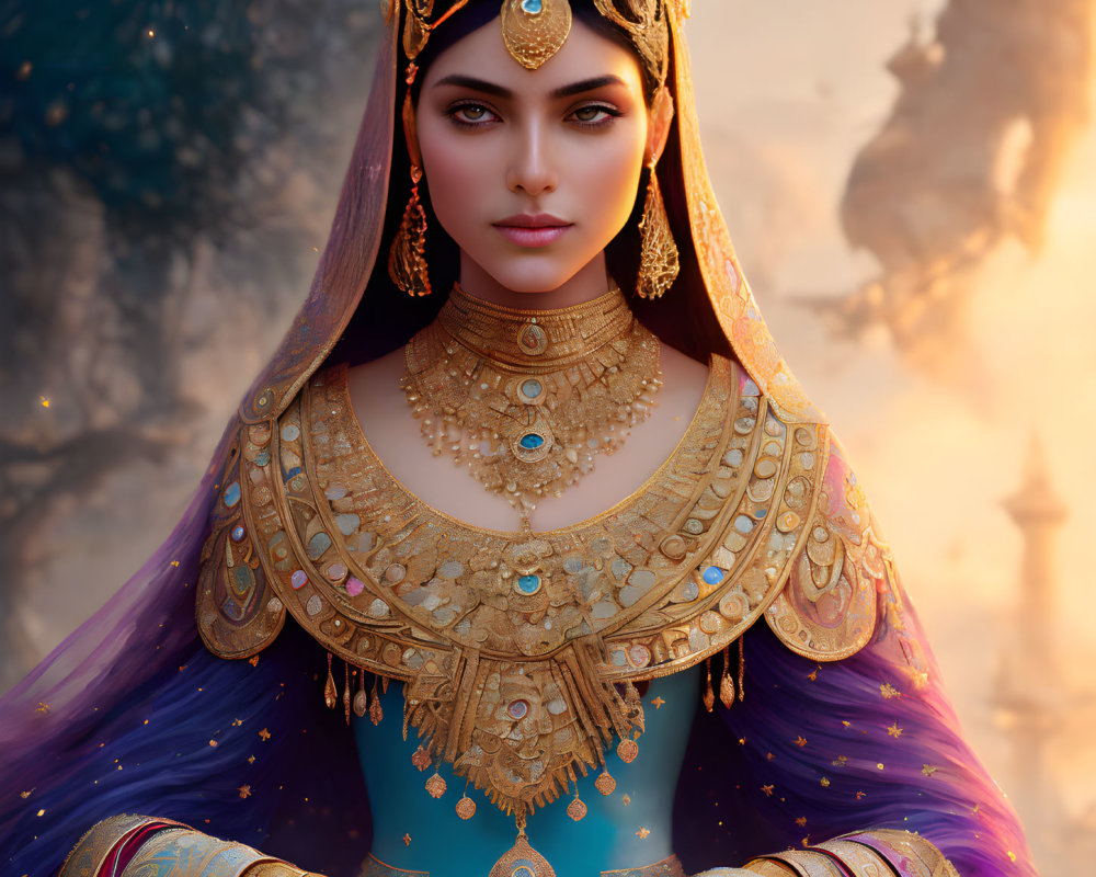 Regal Figure in Elaborate Golden Attire and Jewelry on Mystical Backdrop