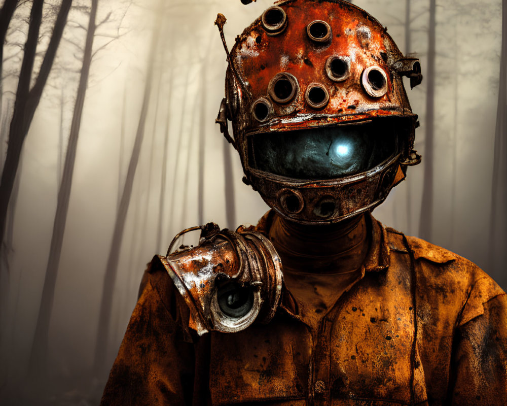 Rusty deep-sea diver's helmet and suit in foggy forest