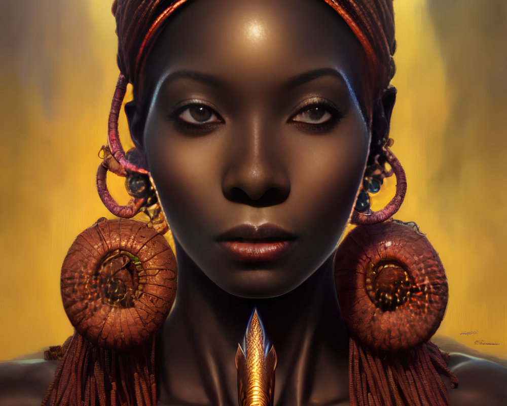 Close-Up Portrait of Woman with African-Inspired Headwear and Large Earrings