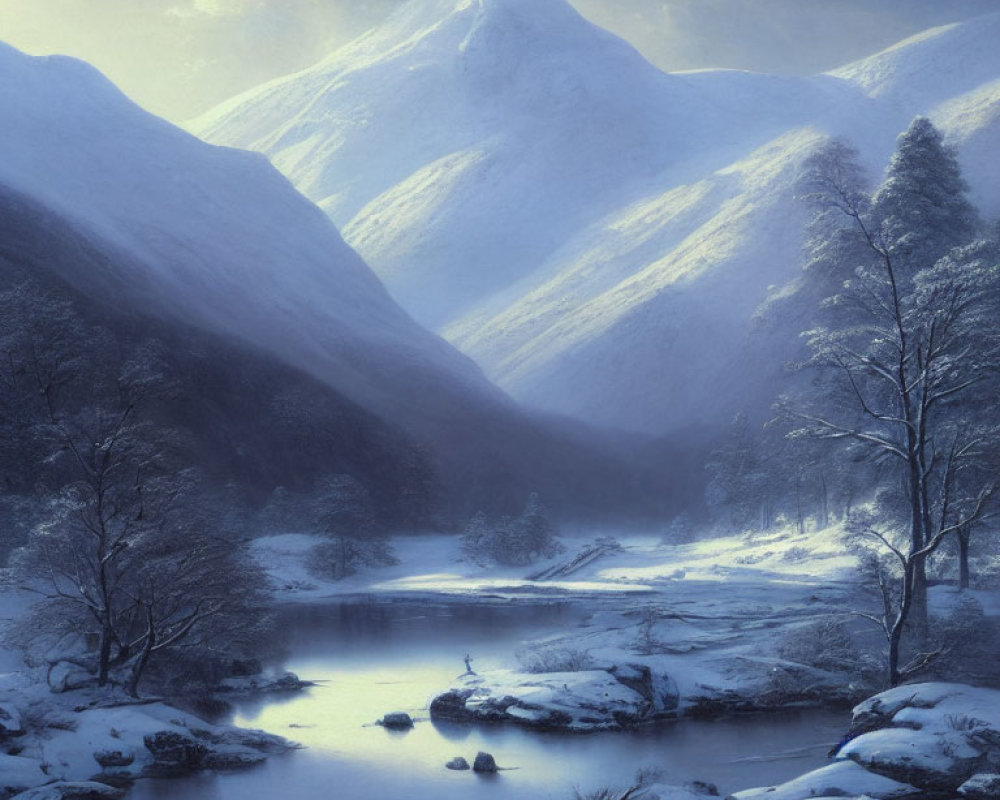 Snow-covered hills, bare trees, calm river in serene winter landscape