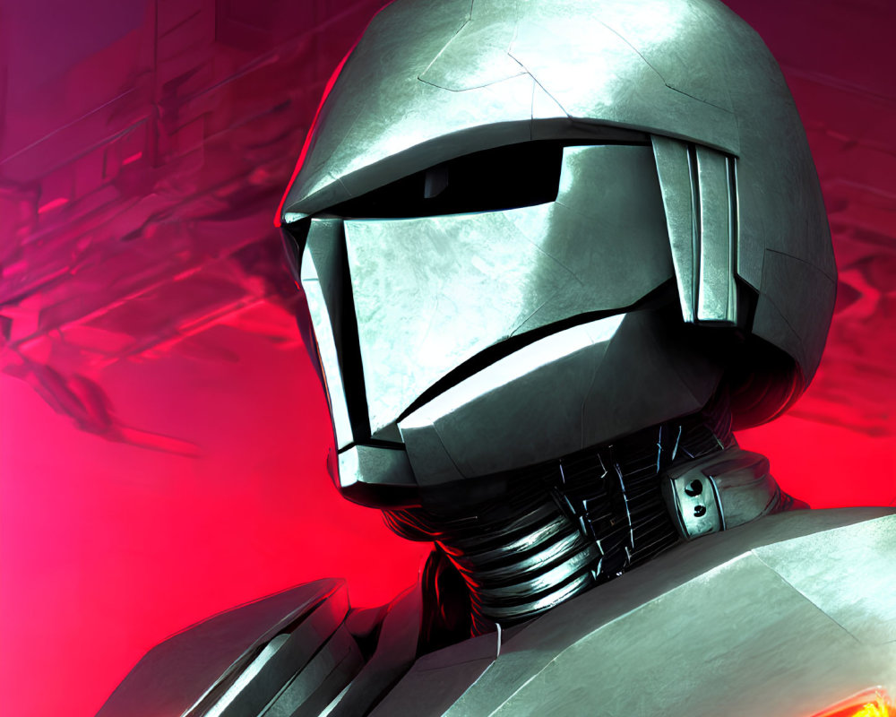 Futuristic helmet with glowing eyes and metallic armor on red background