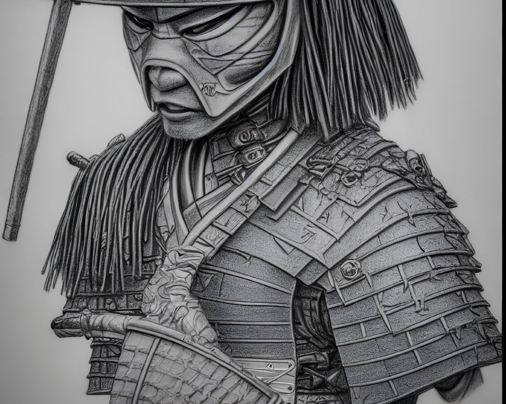 Detailed black and white samurai armor drawing with masked warrior and sword