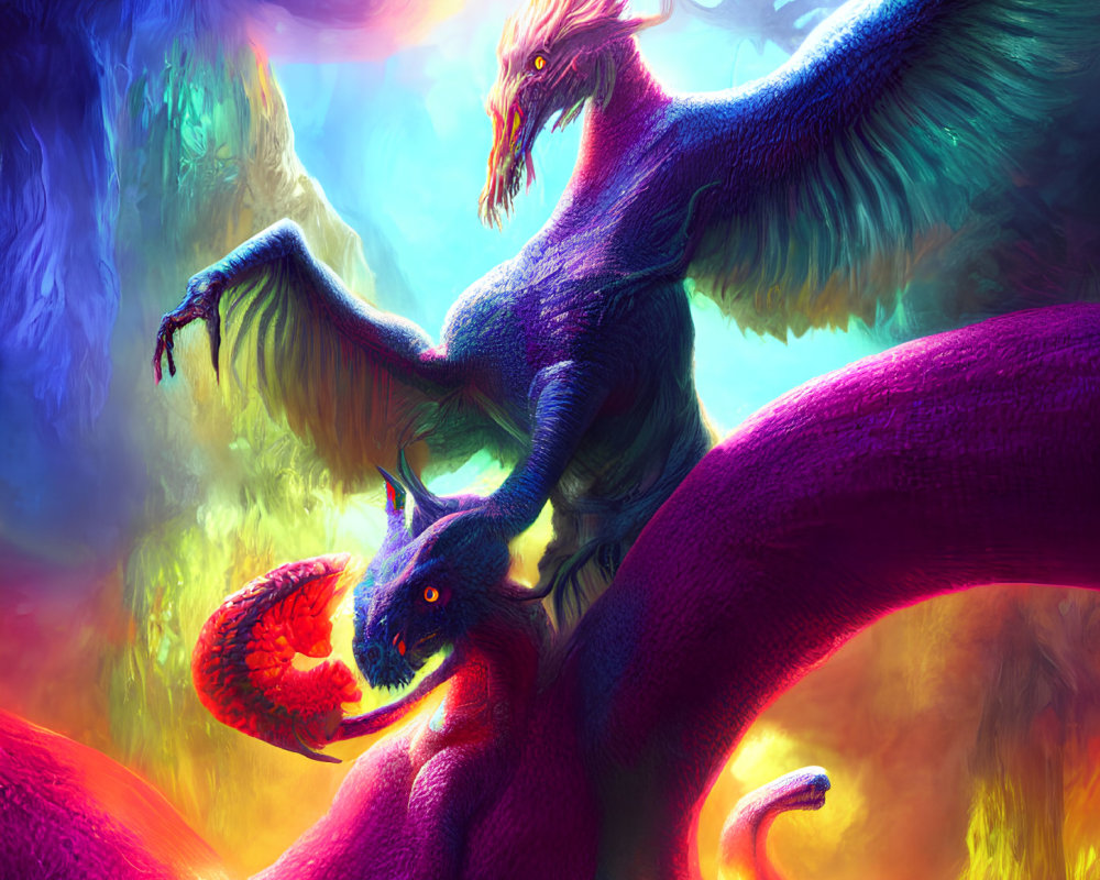 Dynamic Artwork: Two Dragons in Battle with Vibrant Colors