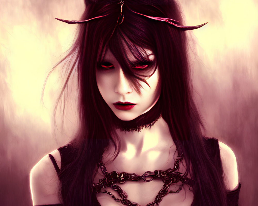 Dark-haired woman with red eyes and horn-like accessories in gothic style.