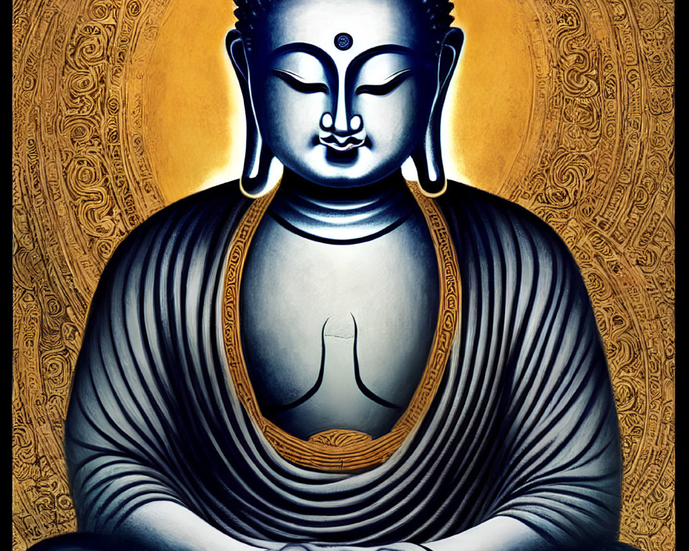 Blue-Skinned Meditating Buddha on Golden Ornate Background