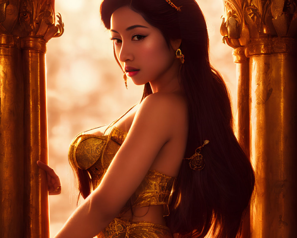 Traditional golden attire woman with ornate earrings and headpiece.