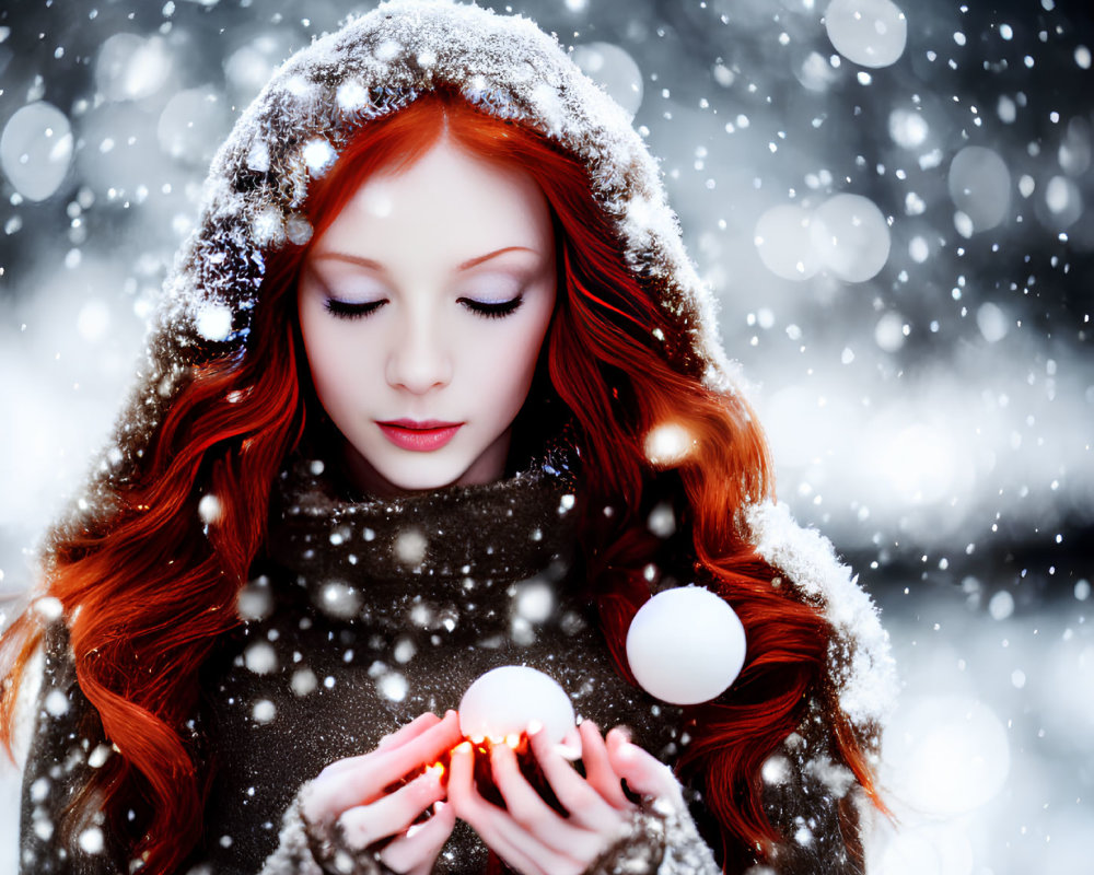 Red-haired woman with candle in snowfall, eyes closed