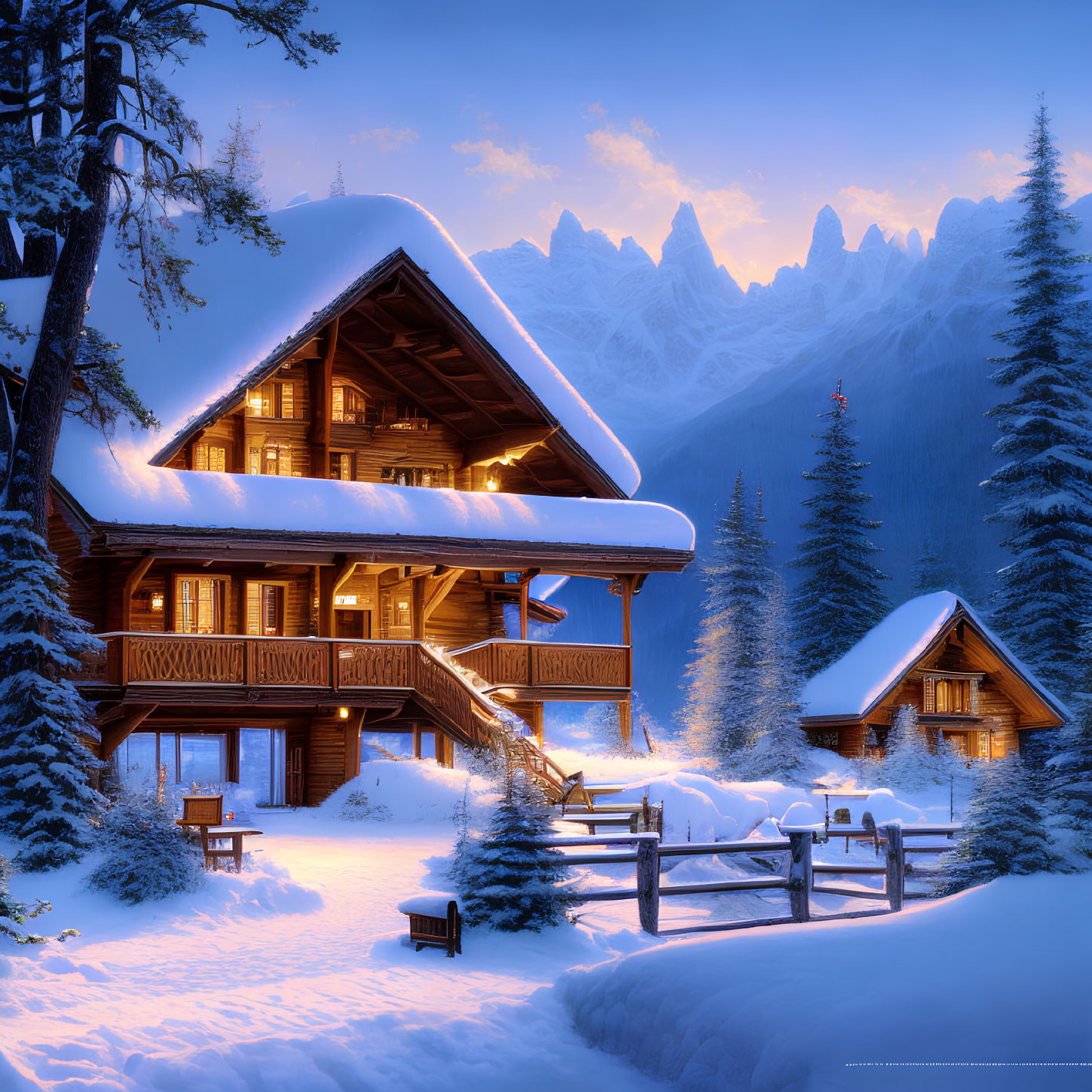 Snowy cabin nestled in winter landscape with pine trees and mountains at dusk