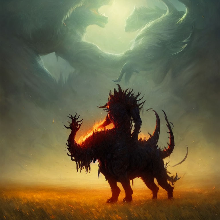 Fiery Beast in Field with Dragon-Shaped Clouds