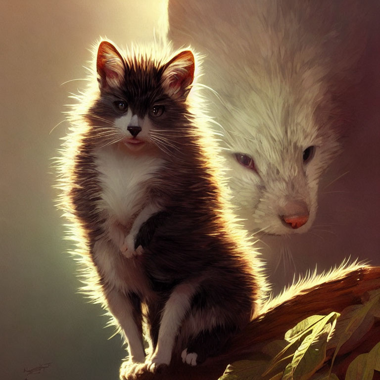 Realistic digital painting of small fluffy brown and white kitten with large ethereal white cat reflection