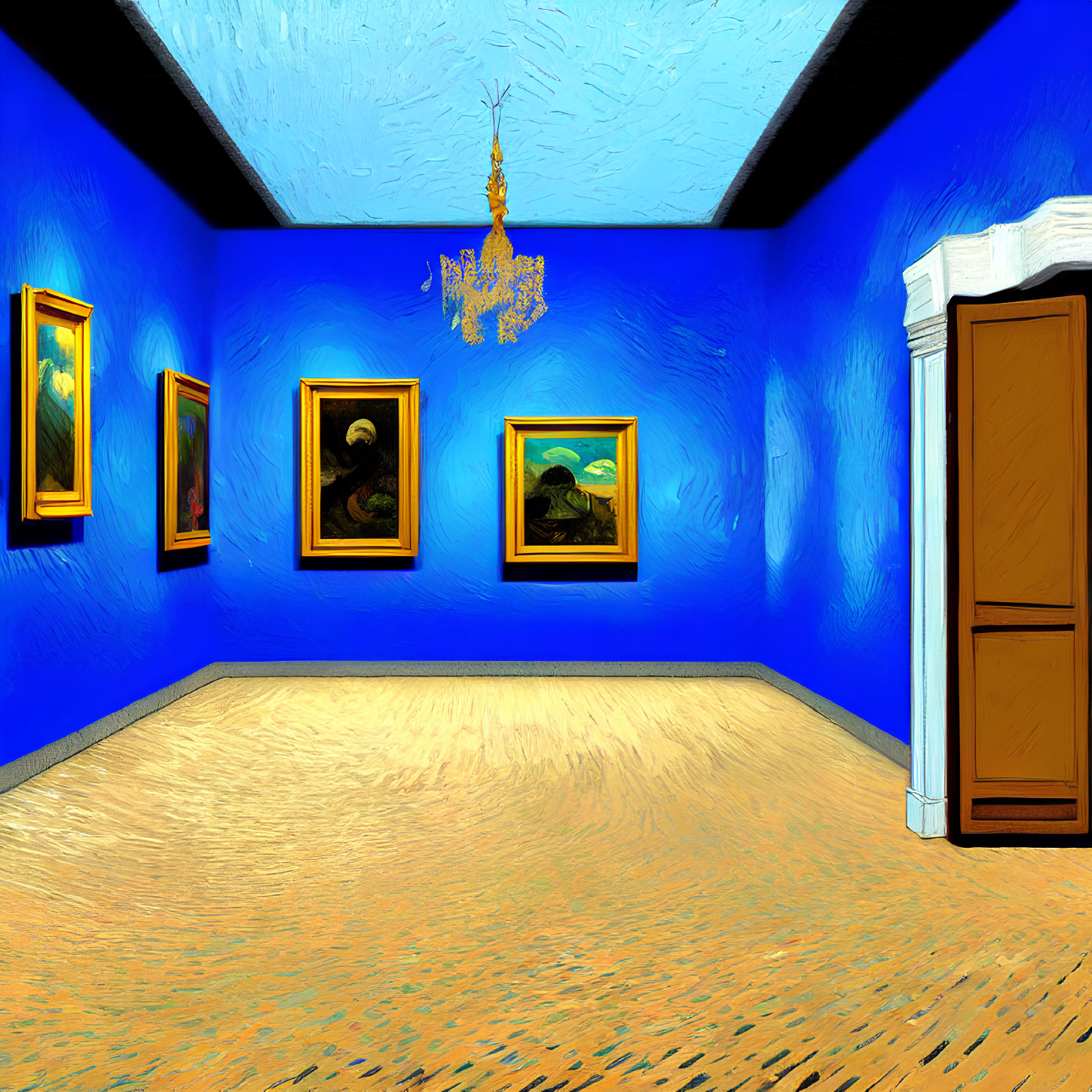 Bright Van Gogh-style art gallery painting with blue walls and golden floors