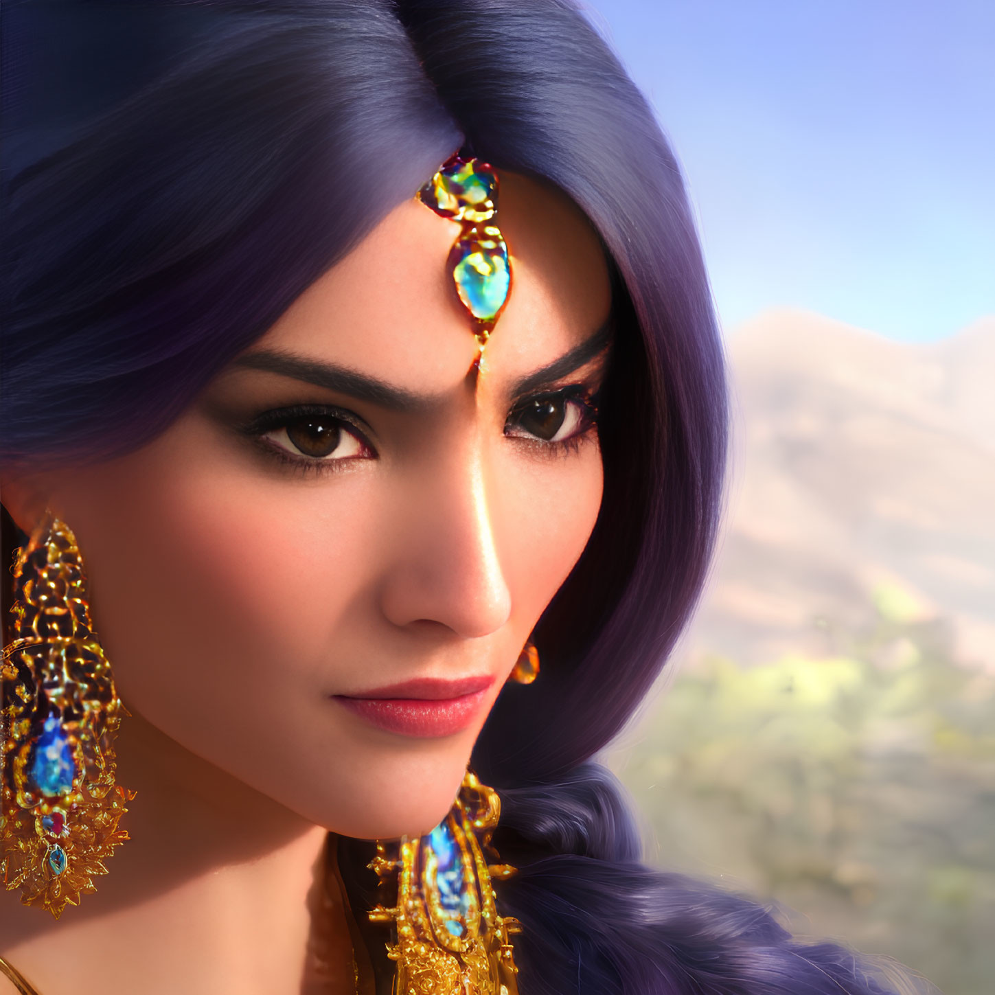 Woman with Purple Hair and Golden Jewelry in Mountainous Setting