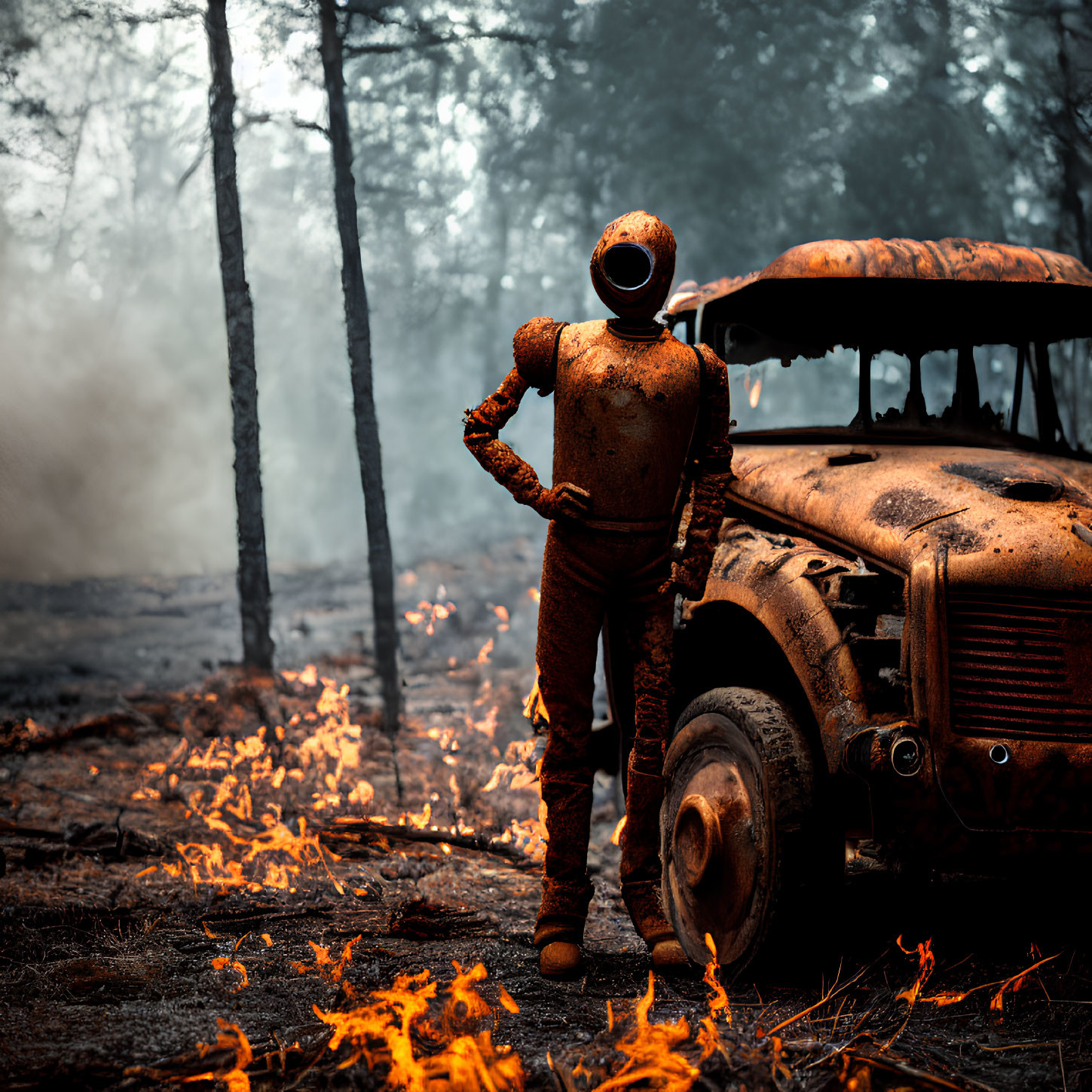 Weathered astronaut suit beside abandoned truck in forest with flames and smoke
