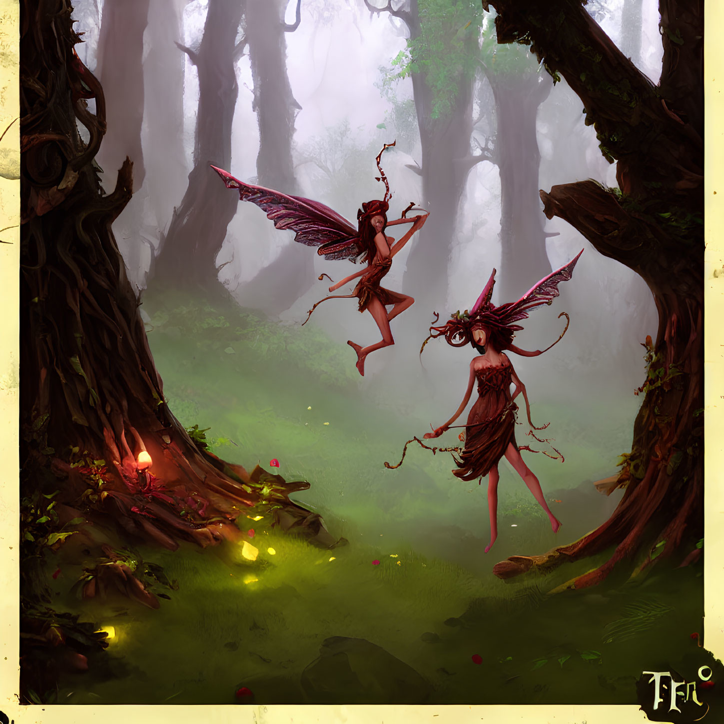 Whimsical fairies dancing in misty forest with intricate wings