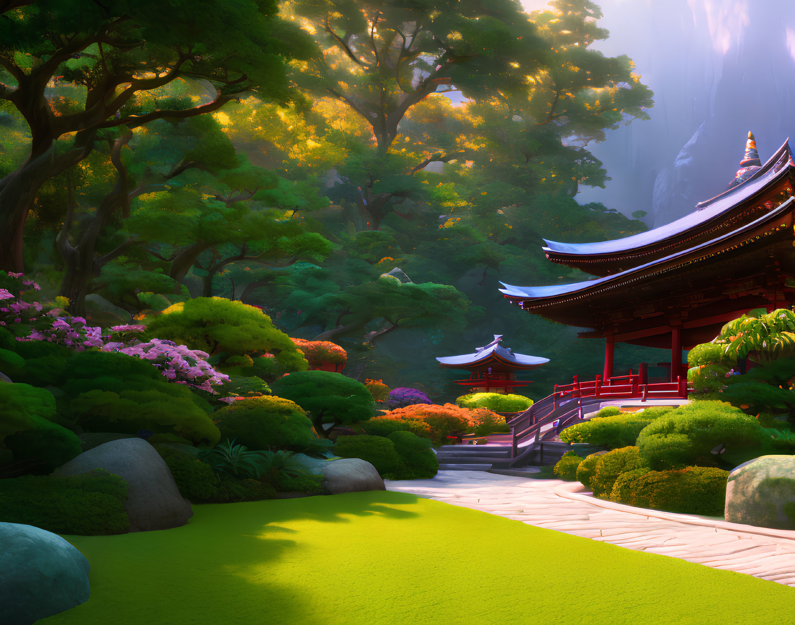 Tranquil Japanese garden with red pagoda, stone path, and lush greenery