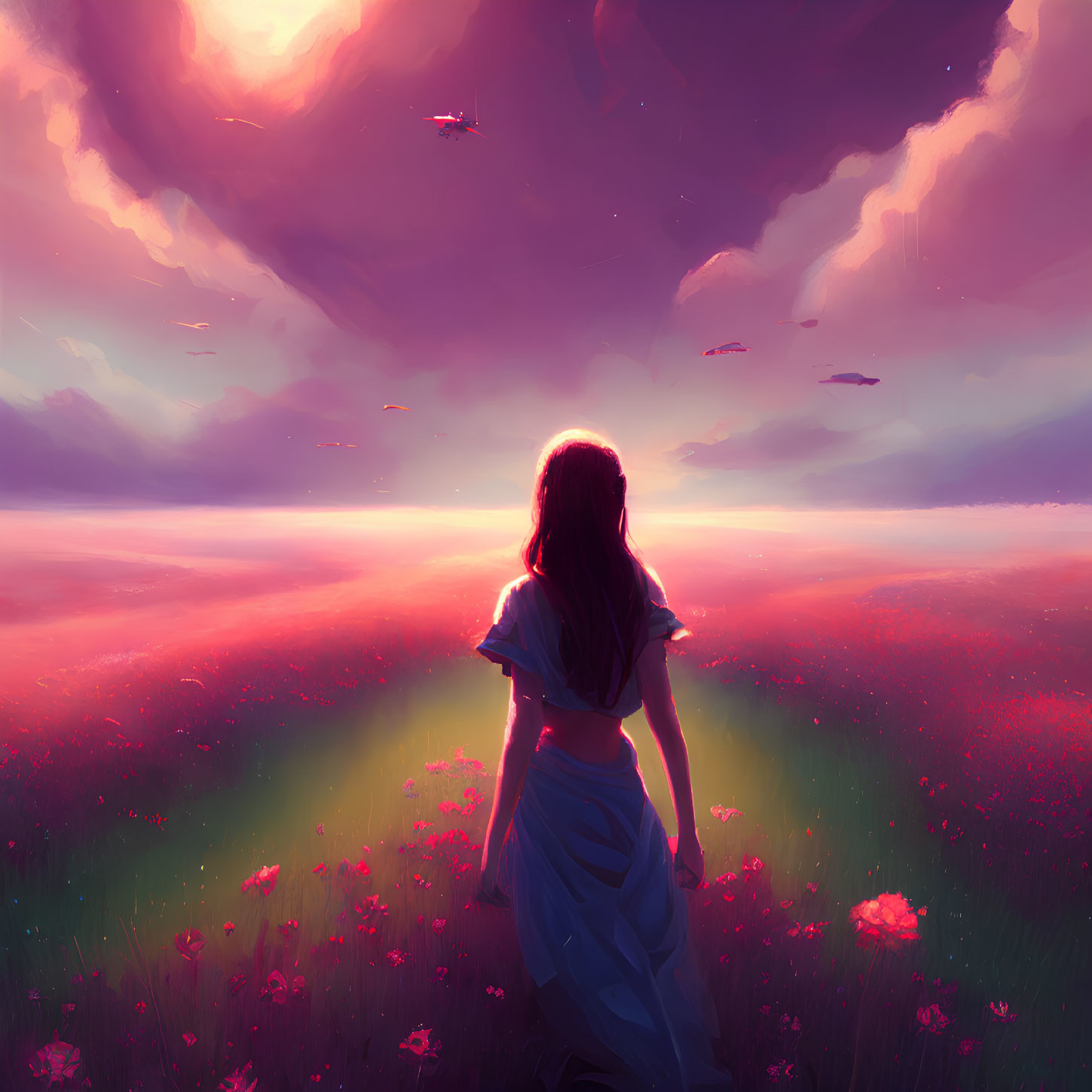 Person in flower field at sunset with pink and purple skies