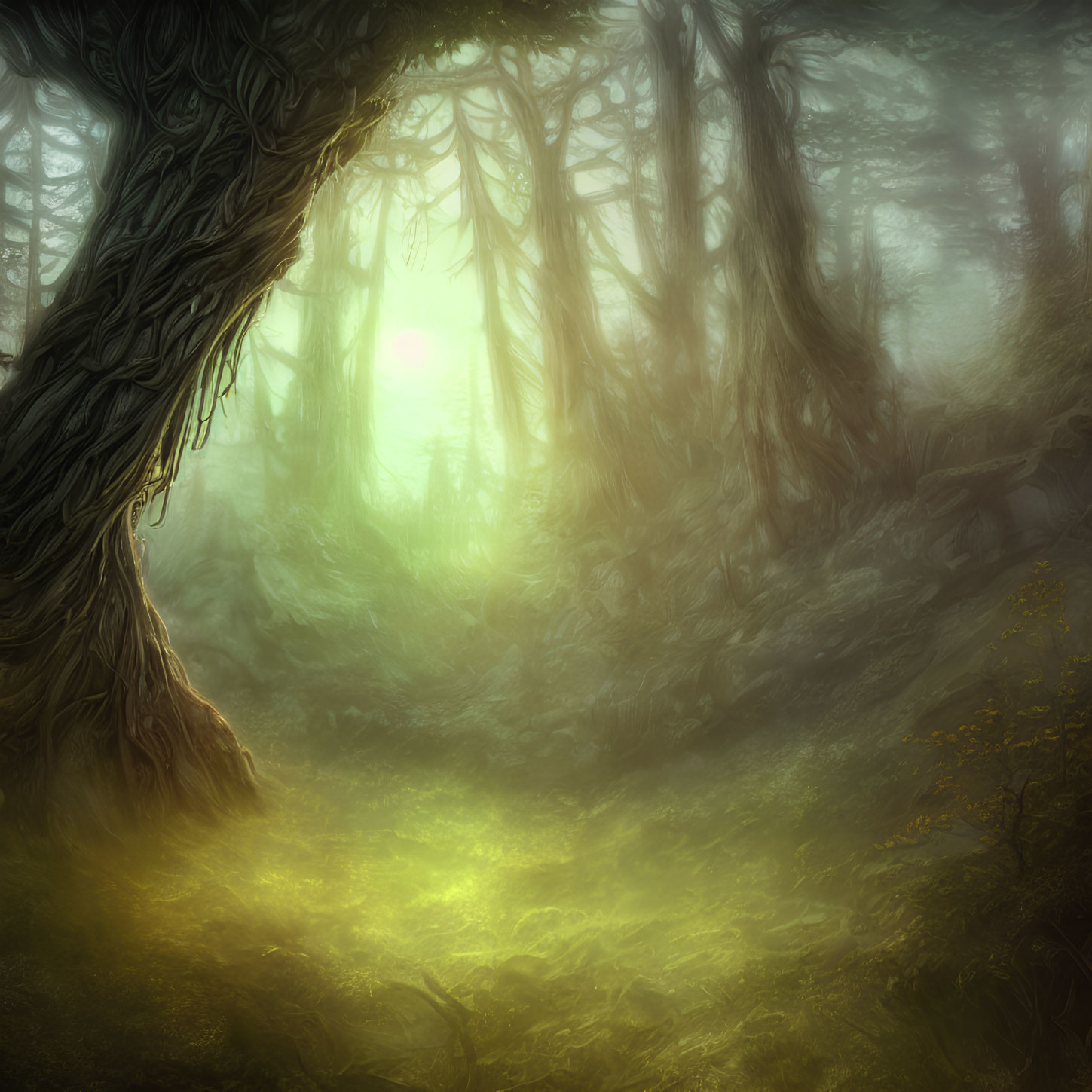 Mystical forest with twisted trees and green glow