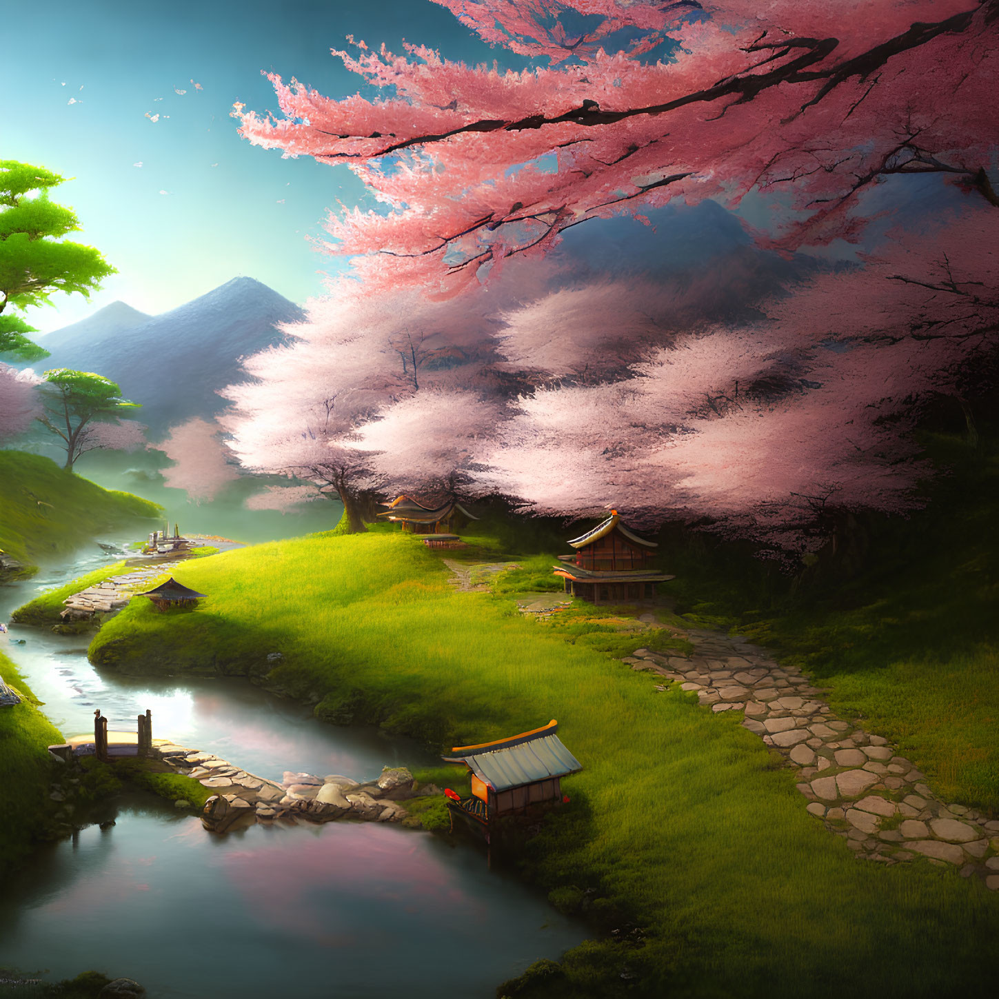 Tranquil landscape with cherry blossoms, stream, traditional houses, and mountains