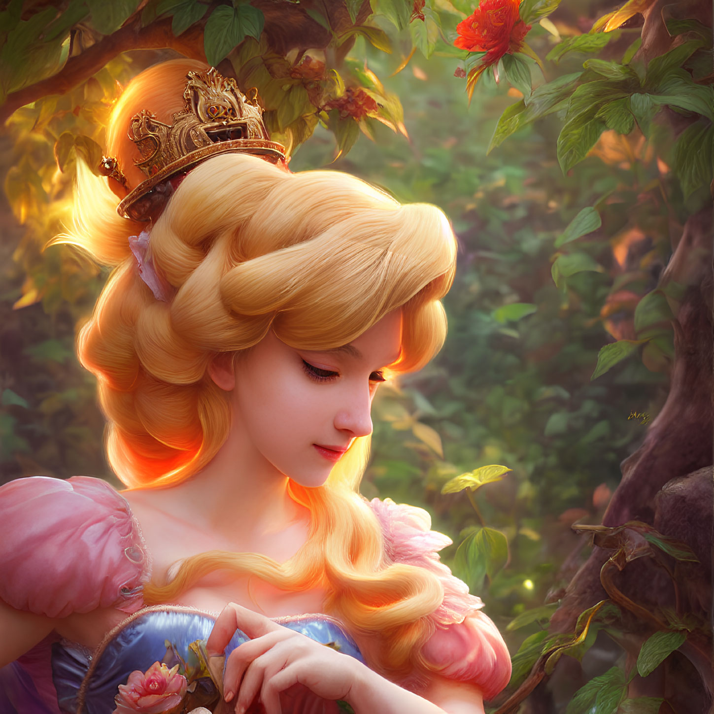 Golden-haired princess with crown holding bird in sunlit forest.