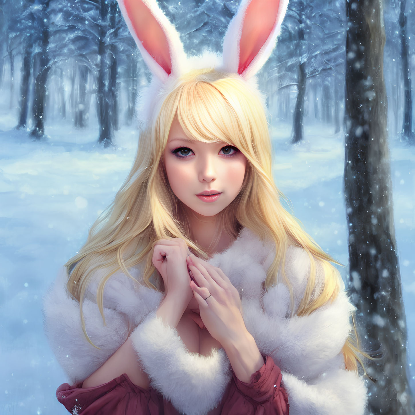 Blond person in bunny ears with white fur coat in snowy forest