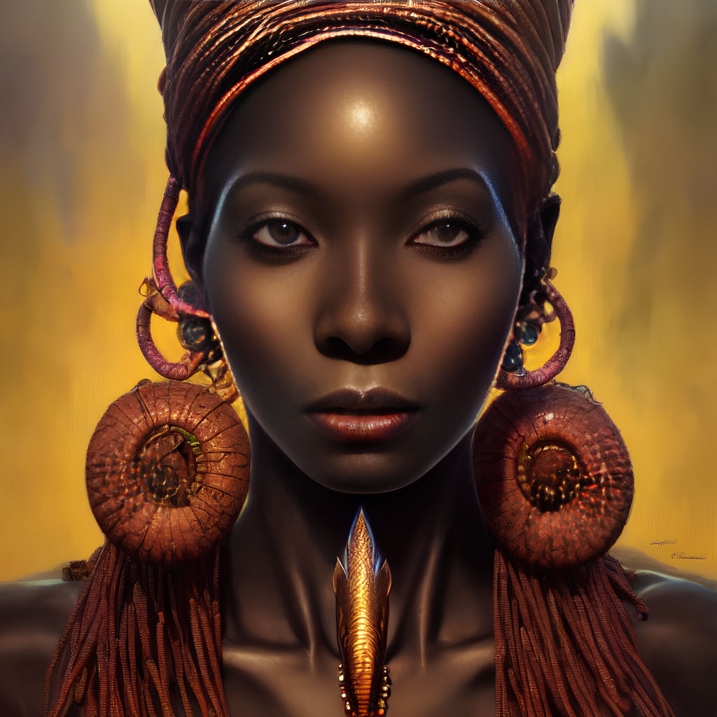 Close-Up Portrait of Woman with African-Inspired Headwear and Large Earrings
