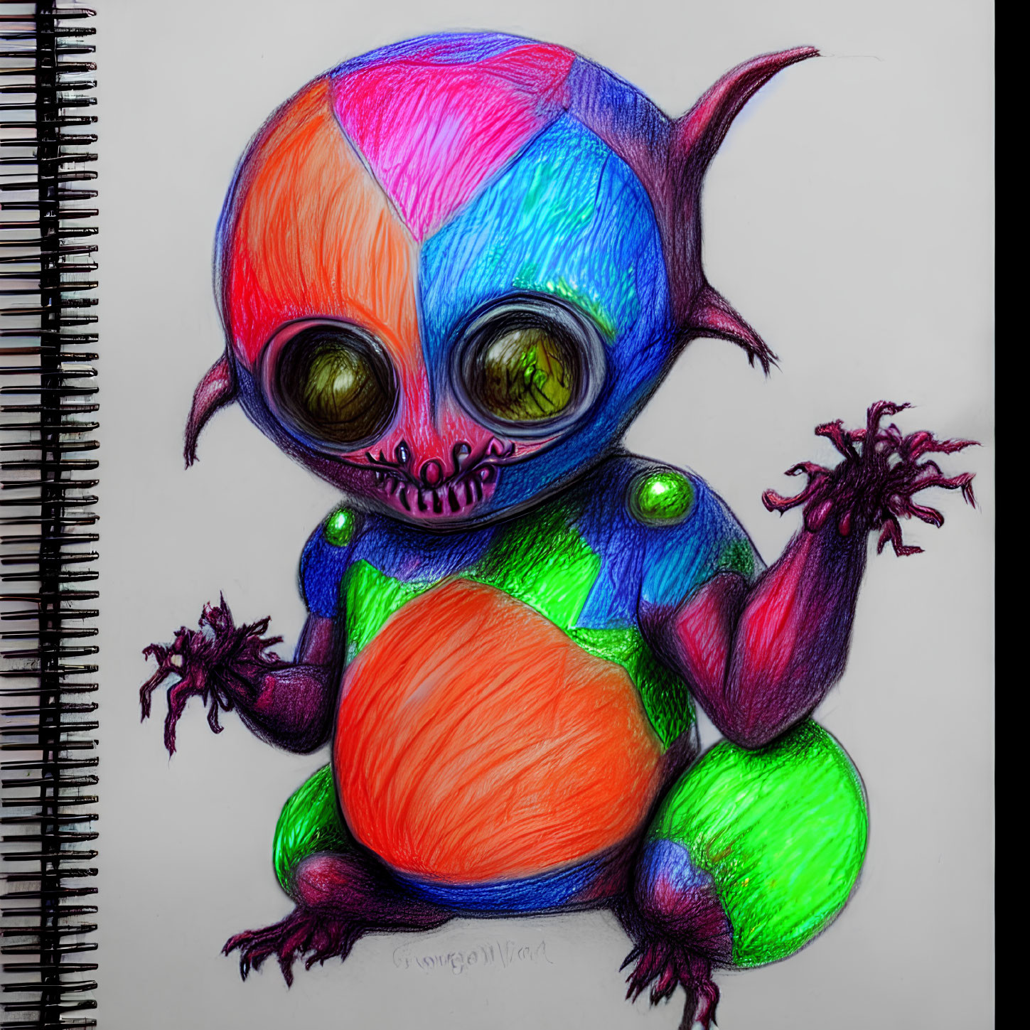 Vibrant alien creature with big eyes and tentacle-like fingers next to spiral notebook