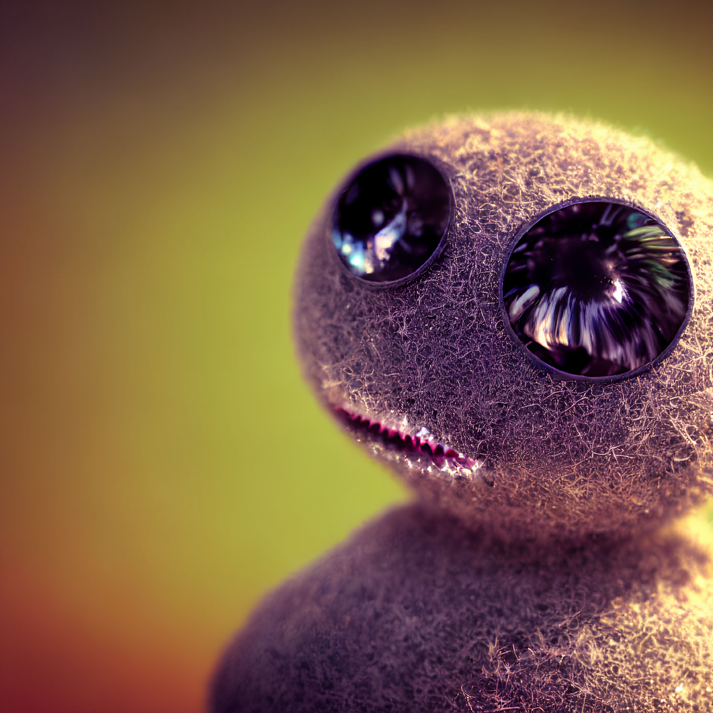 Furry round creature with black eyes and smiling mouth on gradient background