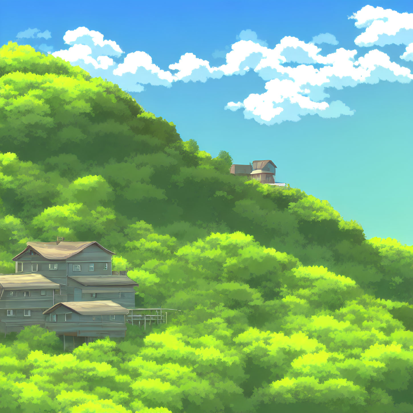 Tranquil houses in lush green hills under clear blue sky