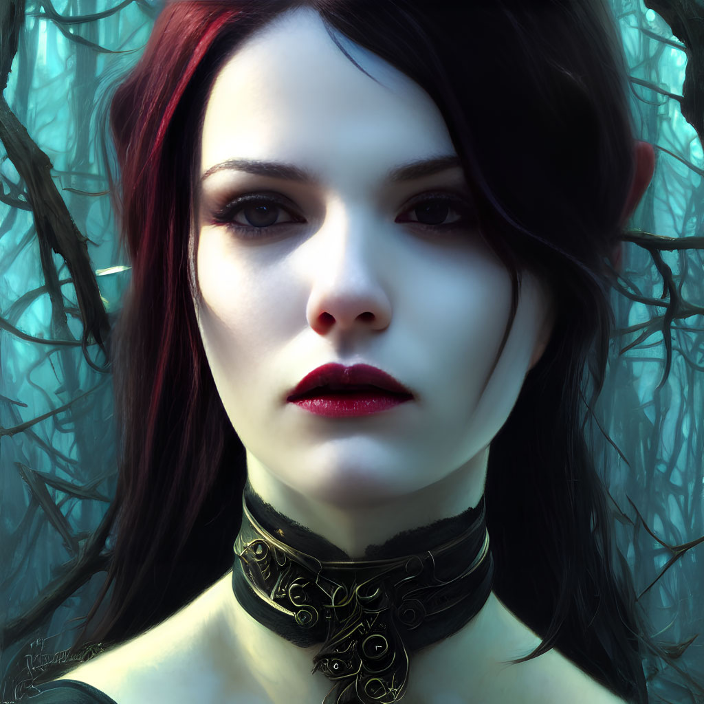 Ruby Red-Haired Woman in Dark Forest with Striking Features