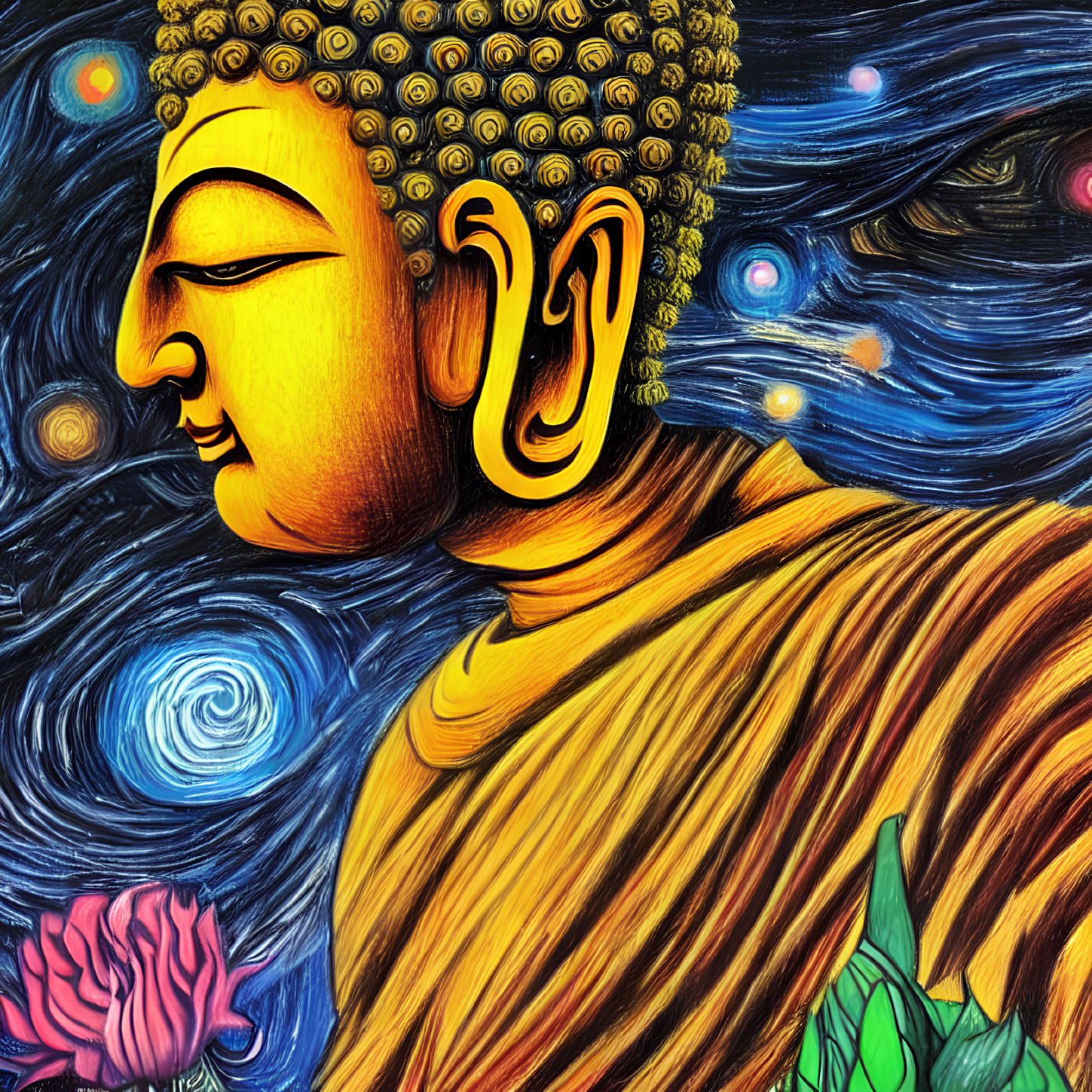 Serene Buddha painting in golden face and orange robes, holding pink lotus