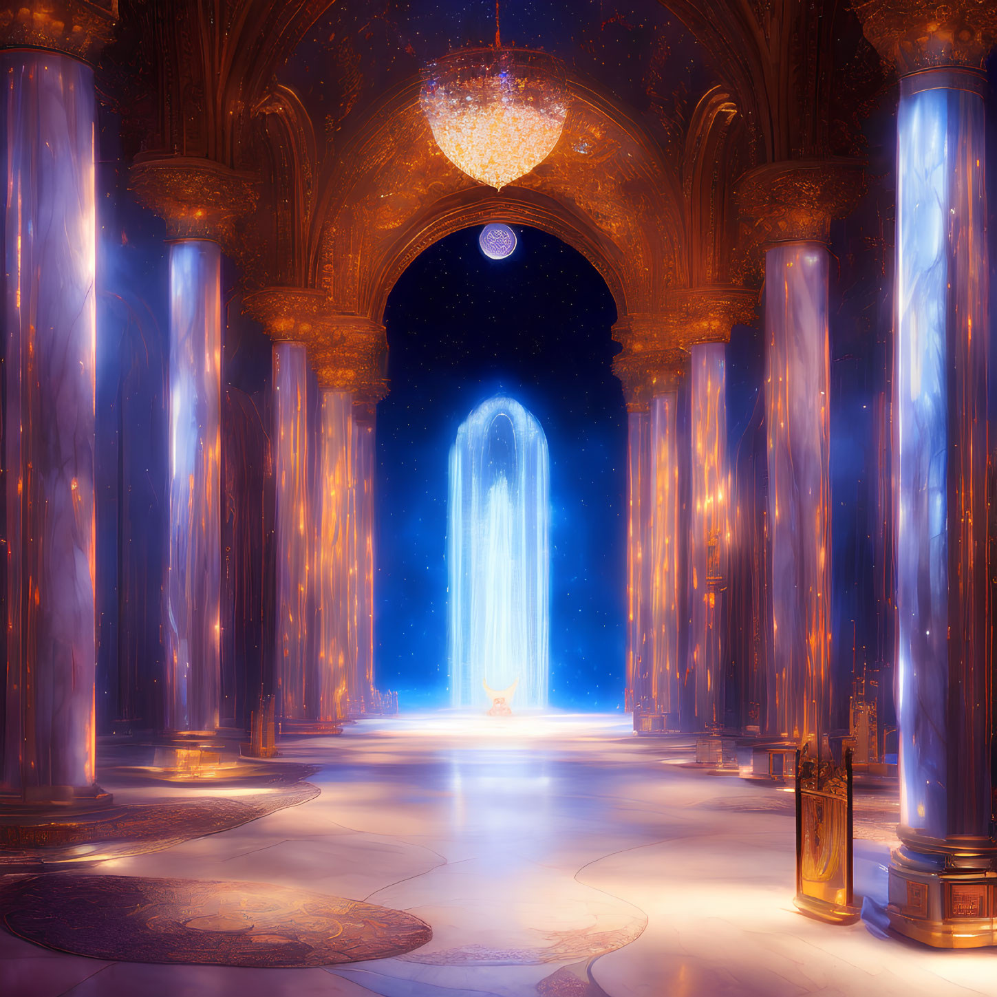 Fantasy palace interior with blue pillars, golden arches, chandelier, and mysterious portal