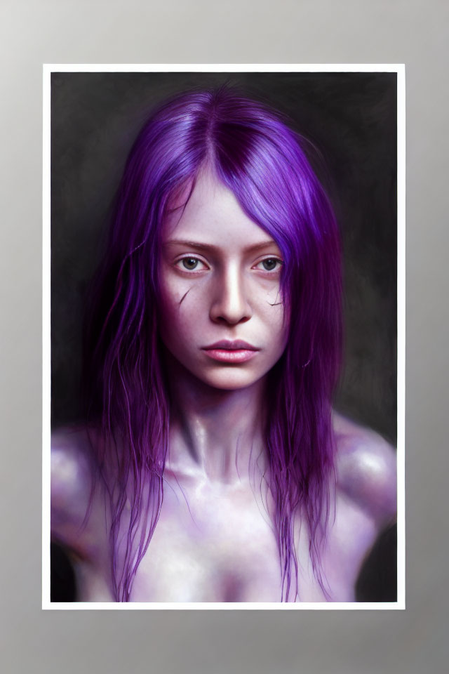 Portrait of person with purple hair and intense gaze on muted background
