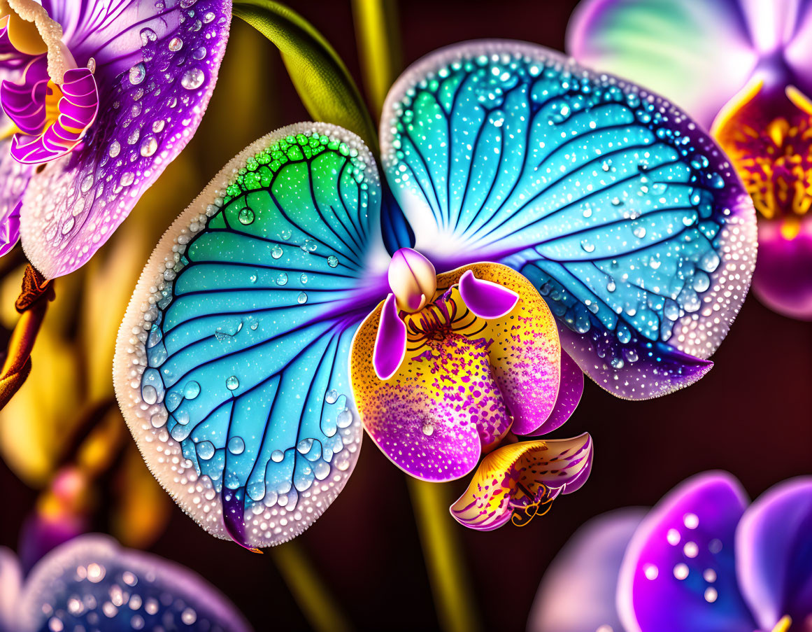 Colorful digital art featuring a blue and purple butterfly on orchid wings, surrounded by vibrant orchids